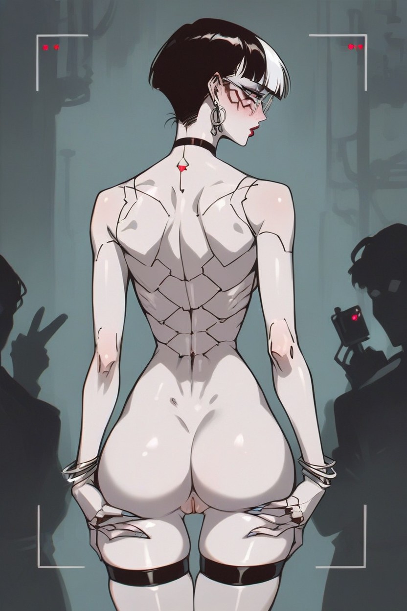 Blushing, Silver Rings, Black Hair With White Highlights Hentai AI Porn