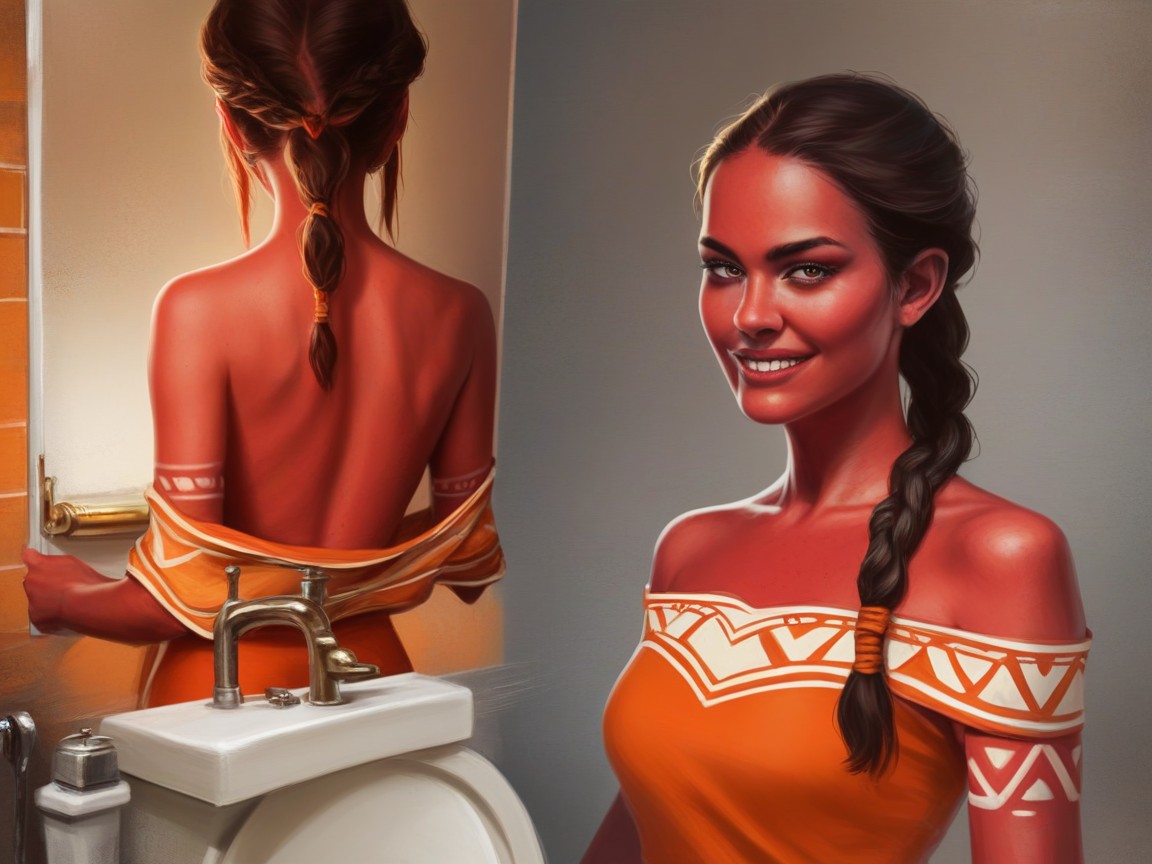 Sloped Shoulders, Wearing Orange Tribal Pajama Clothes, Copper Red Skin AI Porn