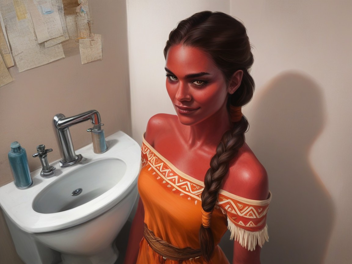 Wearing Orange Tribal Pajama Clothes, Bungalow Background, Wide Set Eyes AI Porn