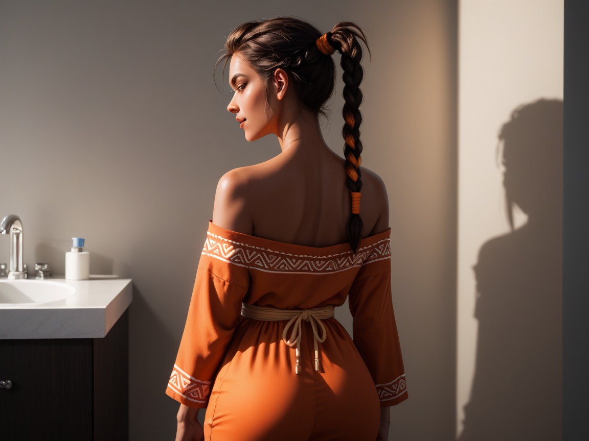 Orange Tunic With Tribal Patterns, 1 Person, Snatched Waist Hentai AI Porn