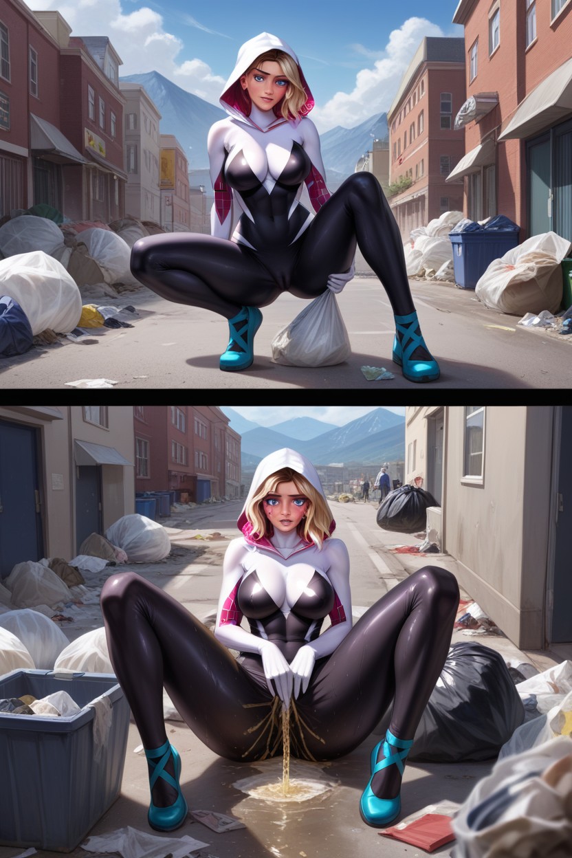 Blush, Spread Legs, Spider Gwen Costume Hentai AI Porn