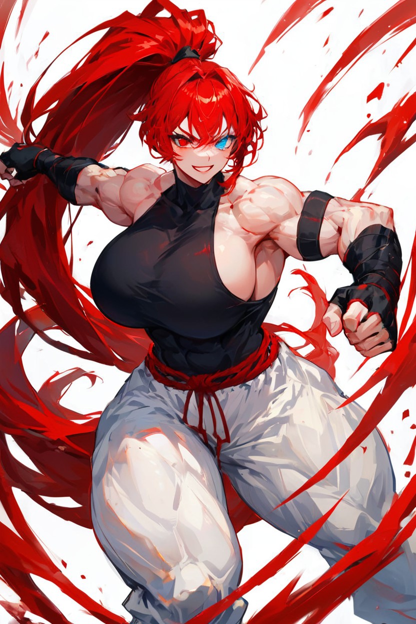Gigantic Ponytail, Long Strands Of Hair Near Her Face, Extremly Muscular Hentai AI Porn