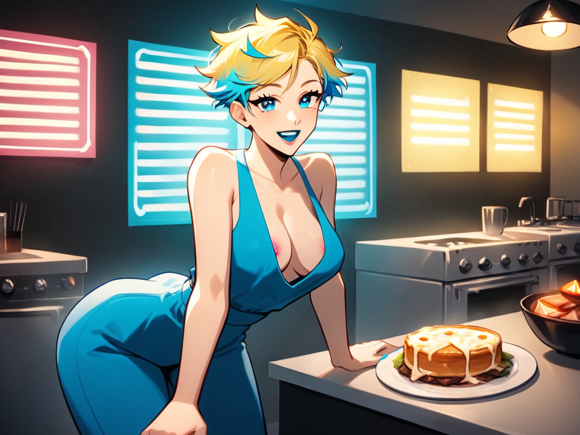 Sloped Shoulders, Blue Hair Highlights, ネオン ラティーナAIエロ