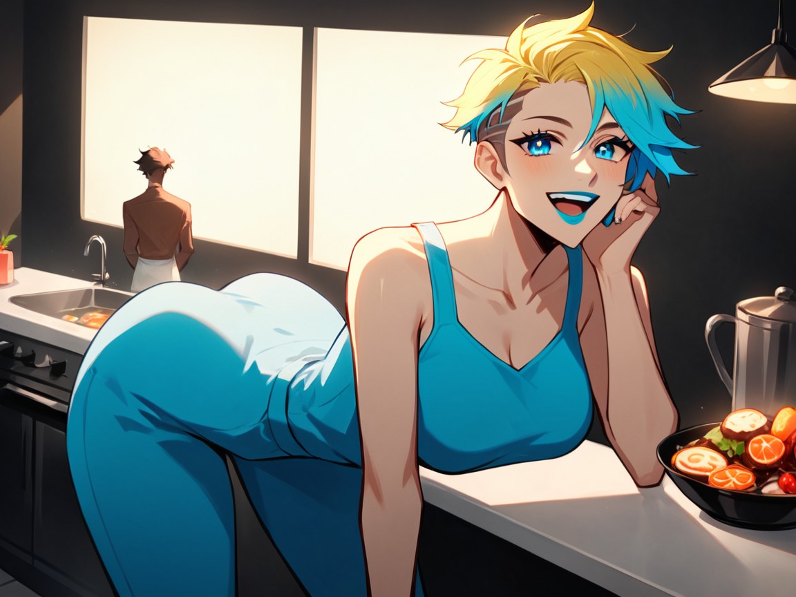 주방, Woman Making Food, Neon Lighting 라틴 AI 야짤