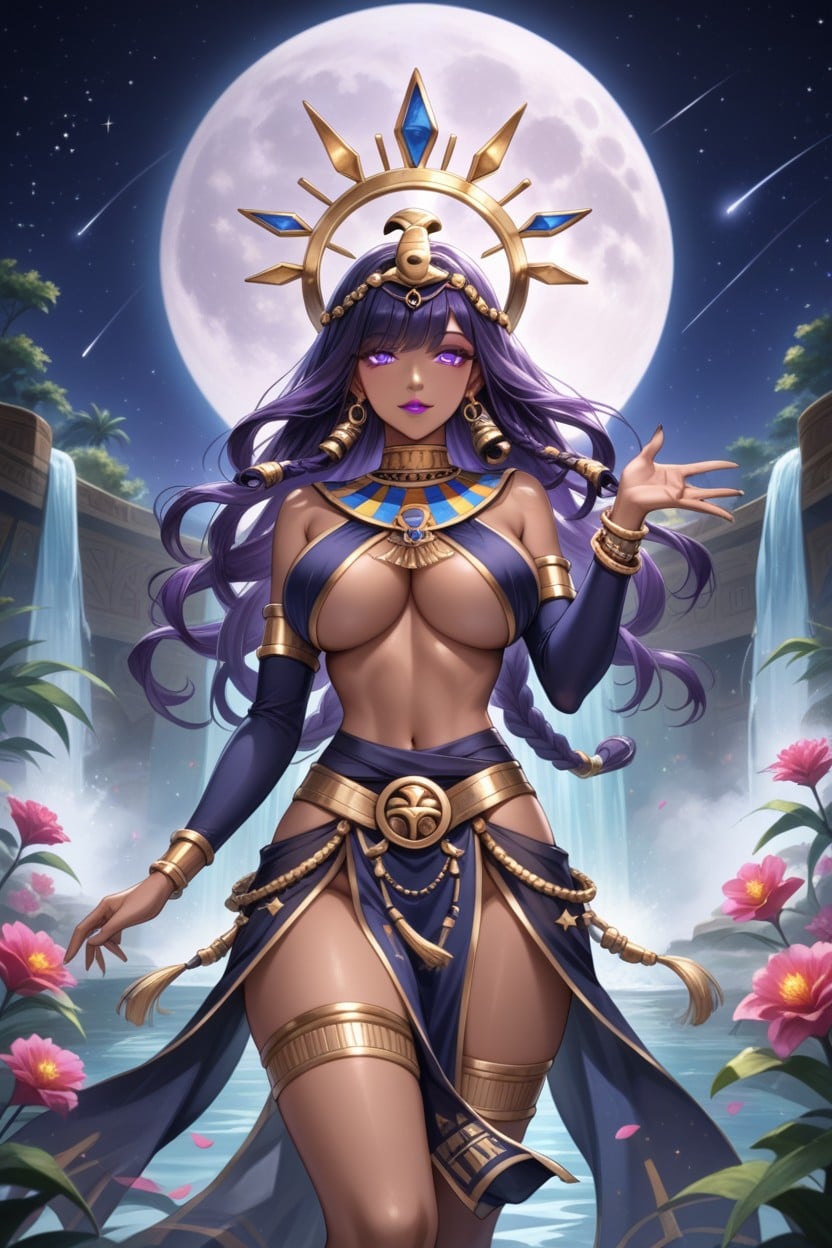 Crecent Moon Shape Halo, Model, Dark Blue Egyptian Style Dancer Waist Cloth With Star Pattern Hentai AI Porn