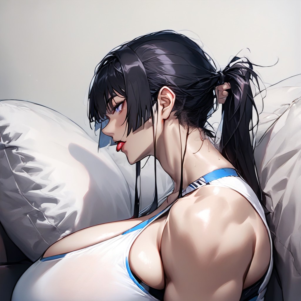 Woman Too Likes Chocolate Worried Brow, Woman Relaxing On Sofa, White See Through Sports Bra With A Wide Open Chest Hentai AI Porn