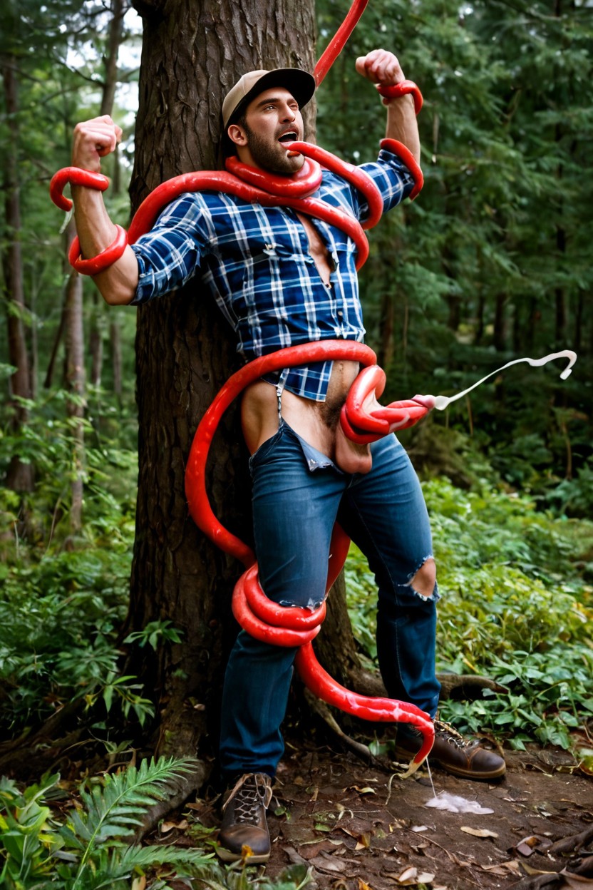 In The Woods, Hat Wearing A Hat, Penis Shaped Tentacles Penetrate Man Holes AI Porn