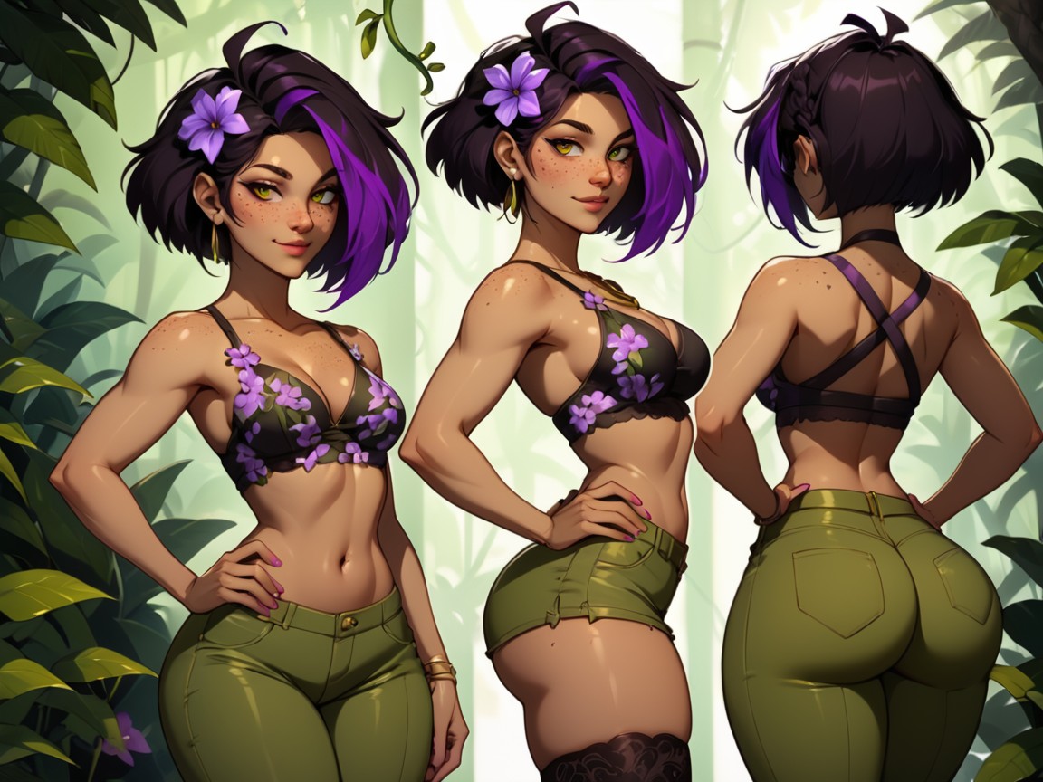 Natural Breasts, High Color Contrast, Purple Flower In Hair AI Porn