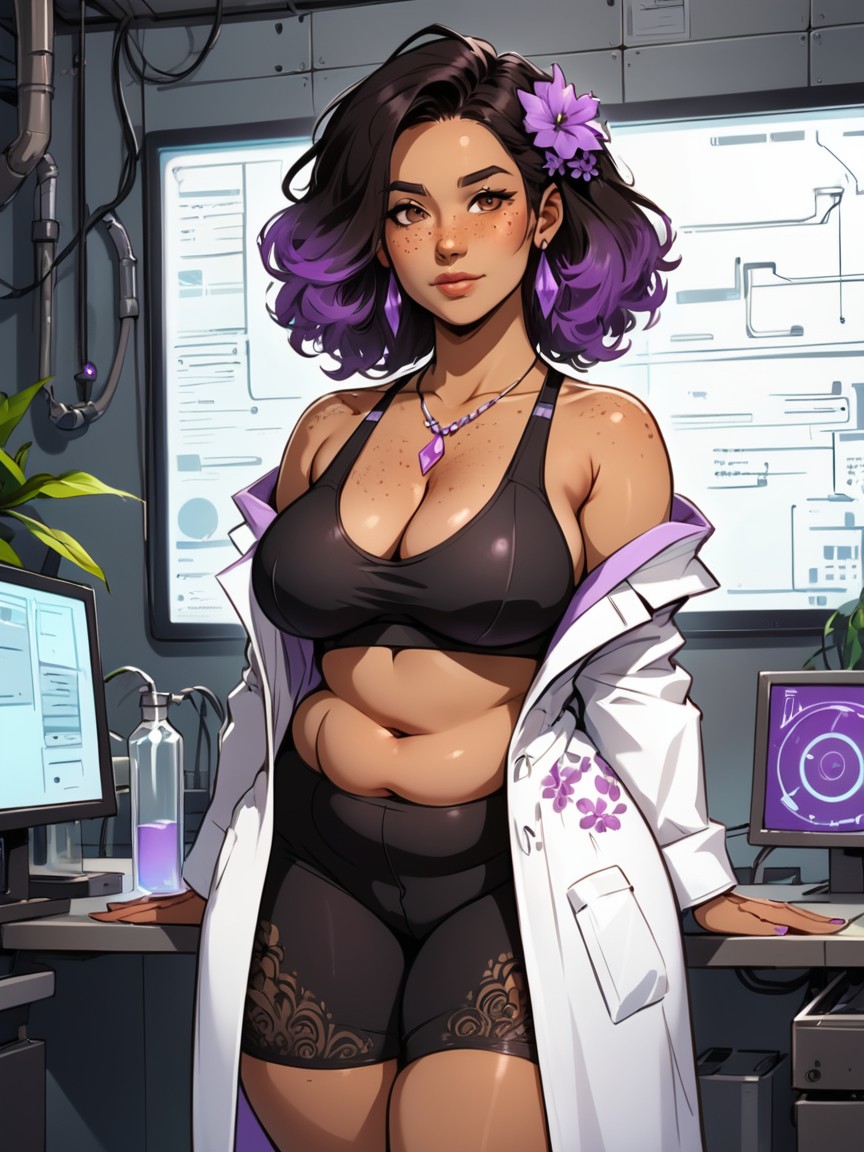 Thick, Wearing Purple Floral Print Researcher Clothes, Black Hair AI Porn