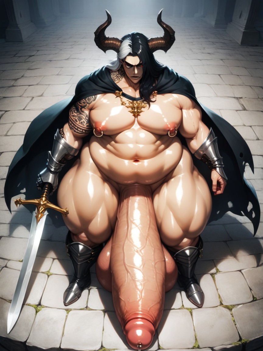 Huge Bubble Butt, Holding Large Sword, Pierced Nipples AI Gay Porn