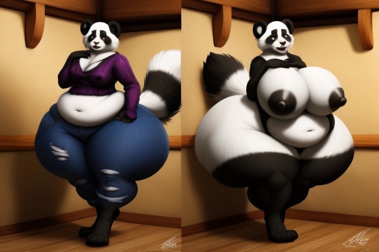 Split Screen, Panda, Feeding Her Fatter Self More And More To Gain Immensely Massive Amounts Of Heavy Weight And Thick Fat Furry AI Porn