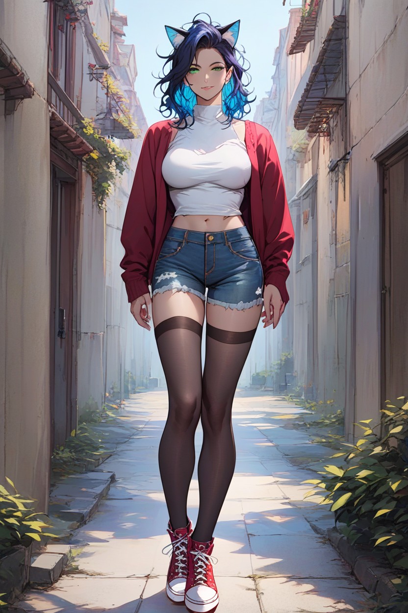 Jean Shorts, Woman, Black StockingsFurry IA