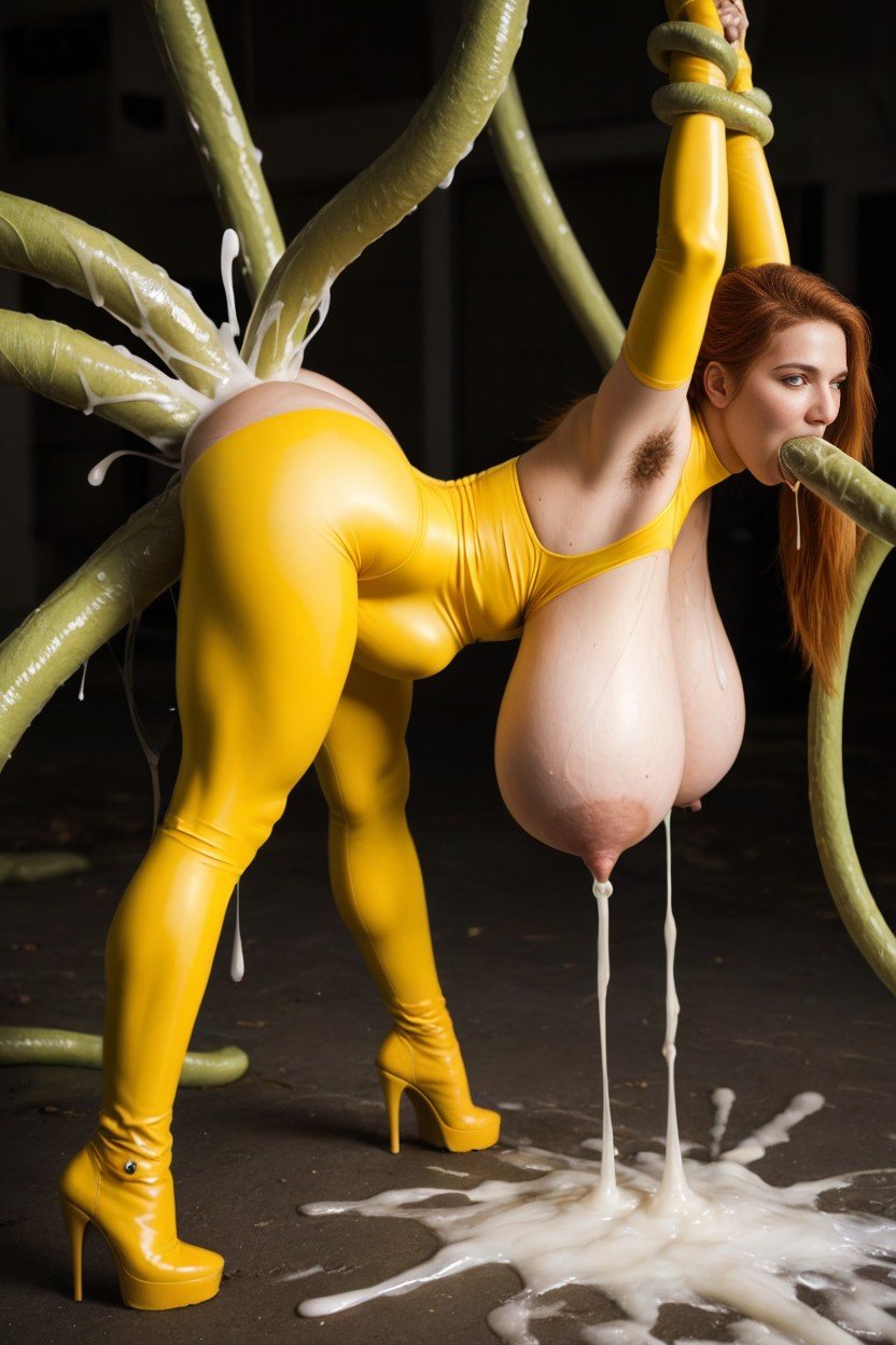 Deep Penetration, Subject Fully Incased In Yellow Nylon Spandex Bodysuit, Giant Fat Tentacles Pounding Subject人妖AI色情