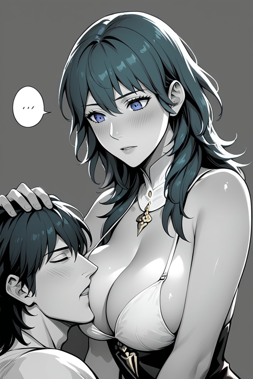 Man Pushing Byleth's Breasts Together, Man's Face Between Byleth's Breasts, Side View AI Porn