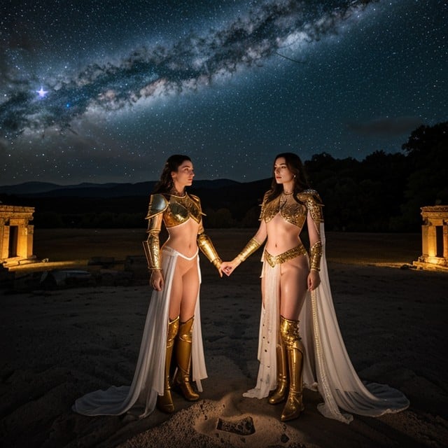 Golden Aura Surrounds Them, Erected Nipples, Standing Together Under A Vast Cosmic Sky Filled With Glowing Constellations And Swirling Nebula Clouds Travesti IA Pornô