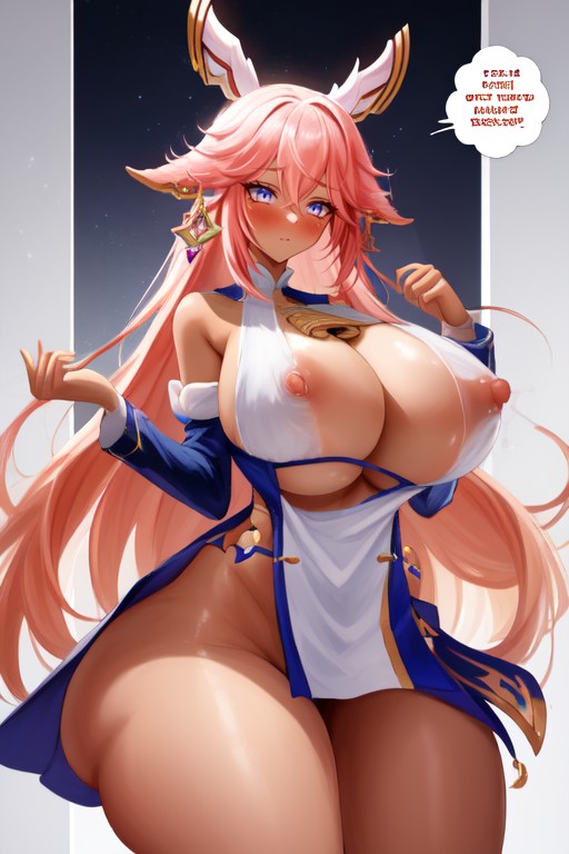 Glowing Hypnotized Eyes, Massive Breasts, Yae Miko With Dark Skin And Blonde Hair Porno IA