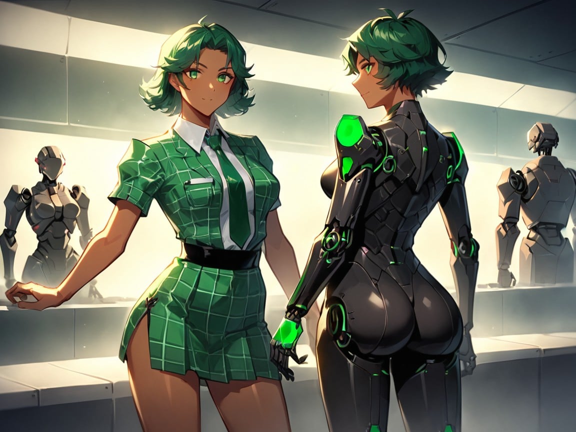 Shadowy Background, Robot Factory Location, Wearing Green Plaid Clothing Latina AI Porn