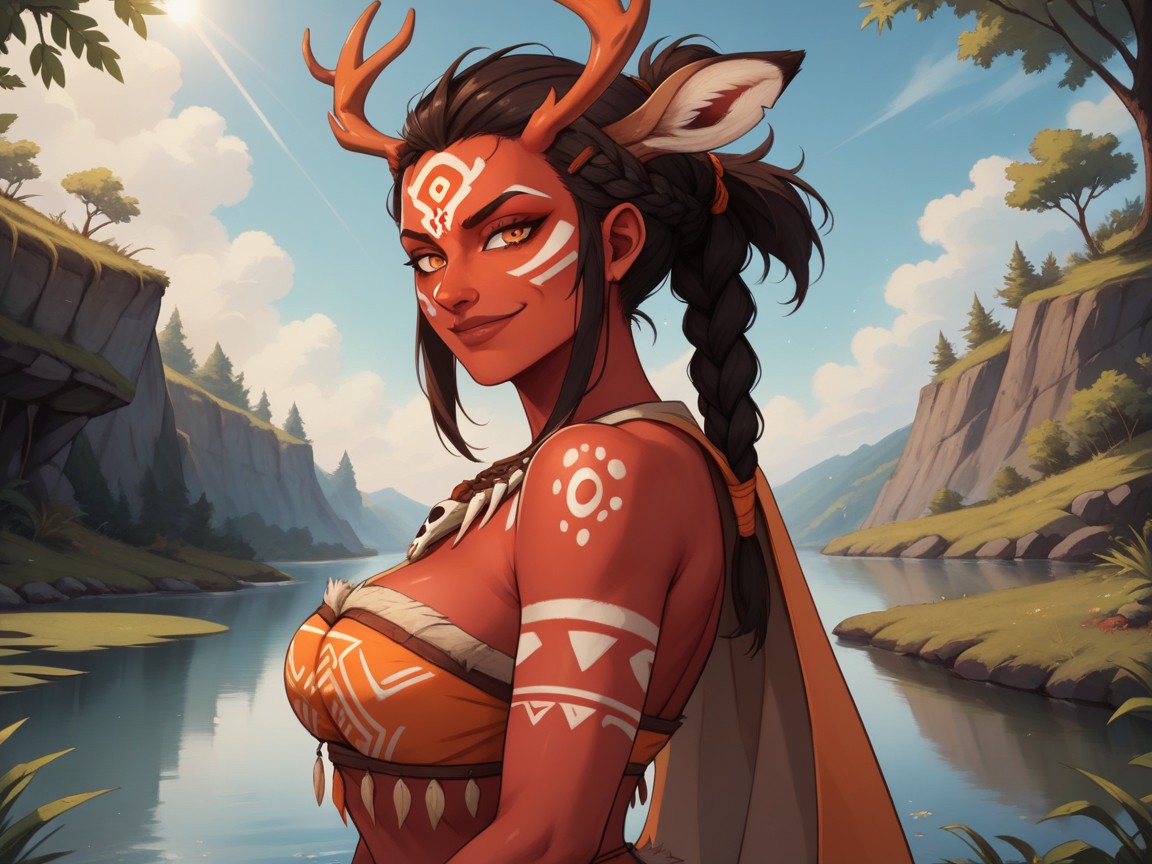 Orange Tribal Clothes, Round Ass, Wind Effects AI Porn