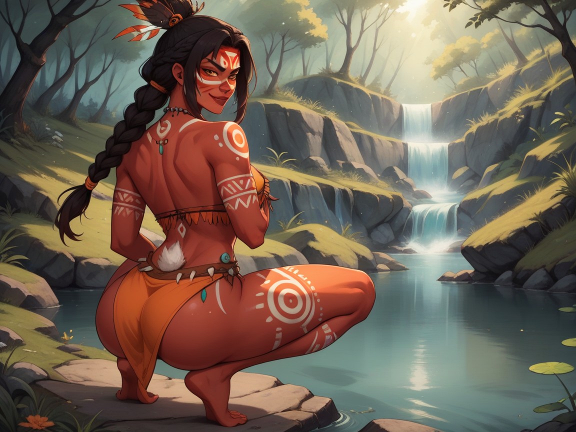Off-shoulder, Orange Face Paint, Black Braided Ponytail AI Porn