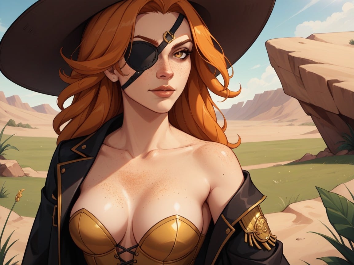 Rounded Breast Width, Close Up, Wearing Gold Wild West Sherrif Clothes AI Porn