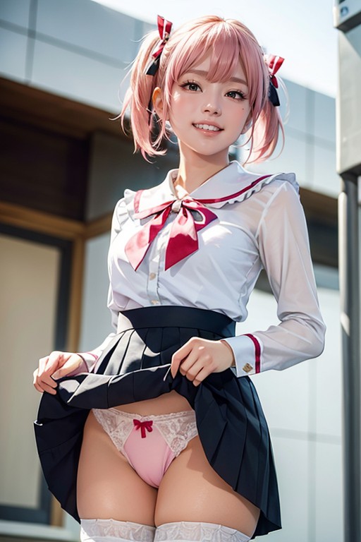 Black Ribbon Ties, Pink Blouse With Laces And Frills, Low Angle AI國產黃片