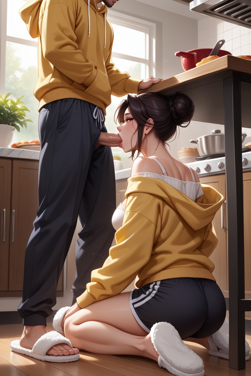 Hair Bun, Kneeling, Break Man Standing Hentai AI Porn