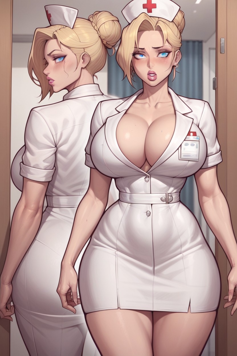 Seductive Facial Expression, Nurse Outfit, Blonde Hair Hentai AI Porn