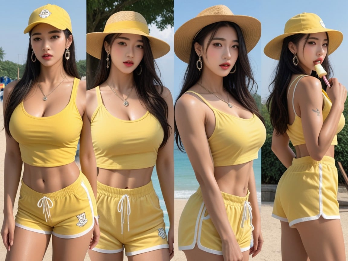 Sexy Tattoos, フィット, Wearing Yellow Dolphin Shorts アジアのAIポルノ