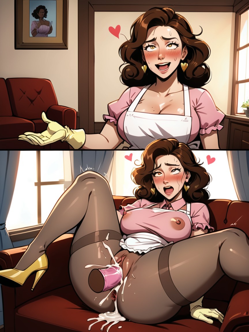 Beige Yellow Medium Length Cleaning Gloves, Pink Blouse Shirtshort Sleeve, Top Down AI Porn