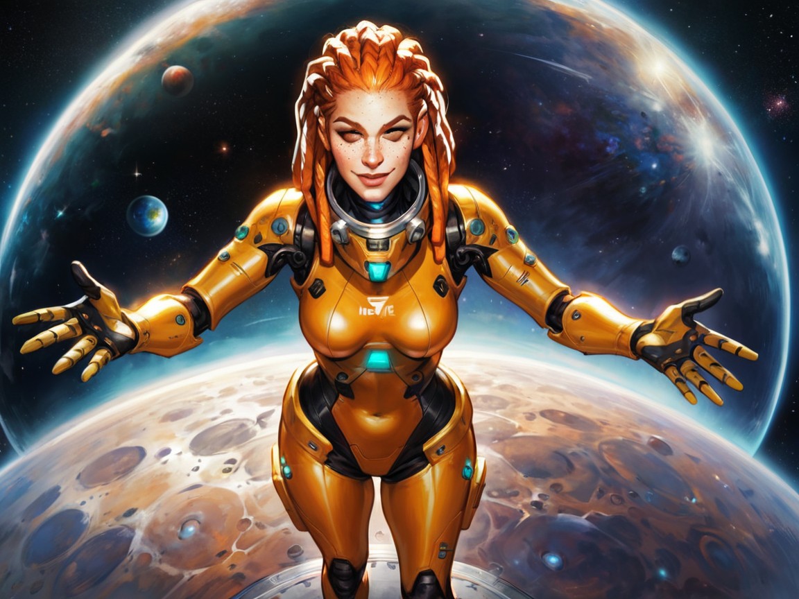 Dreadlocks Ginger, Vibrant Colors, Space Ship Location 라틴 AI 야짤