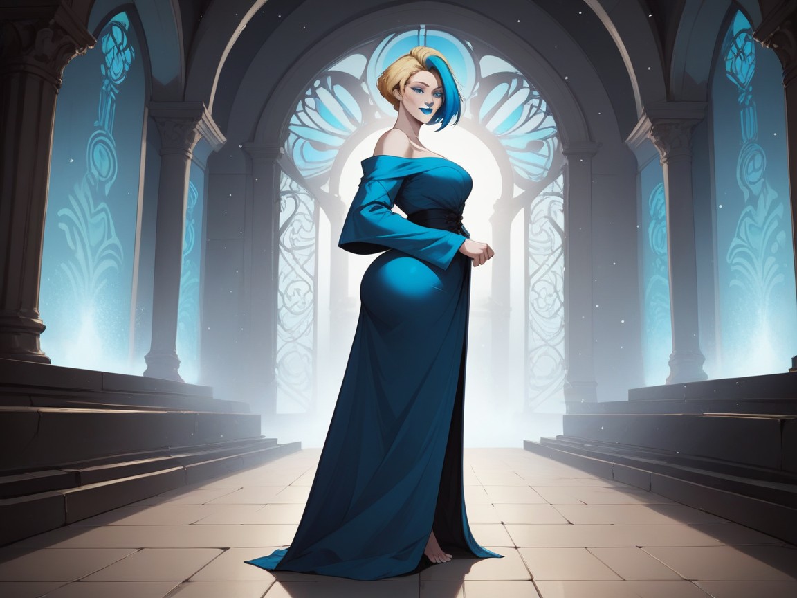 Blonde Pixie Hair, Hourglass Body Type, Blue Toga Robe AI Porn