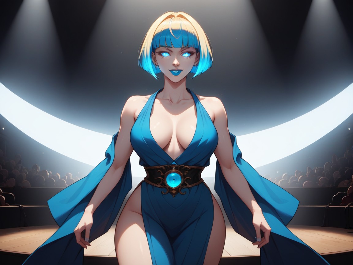 Glowing Eyes, Stage Background, Blue Hair Highlights AI Porn