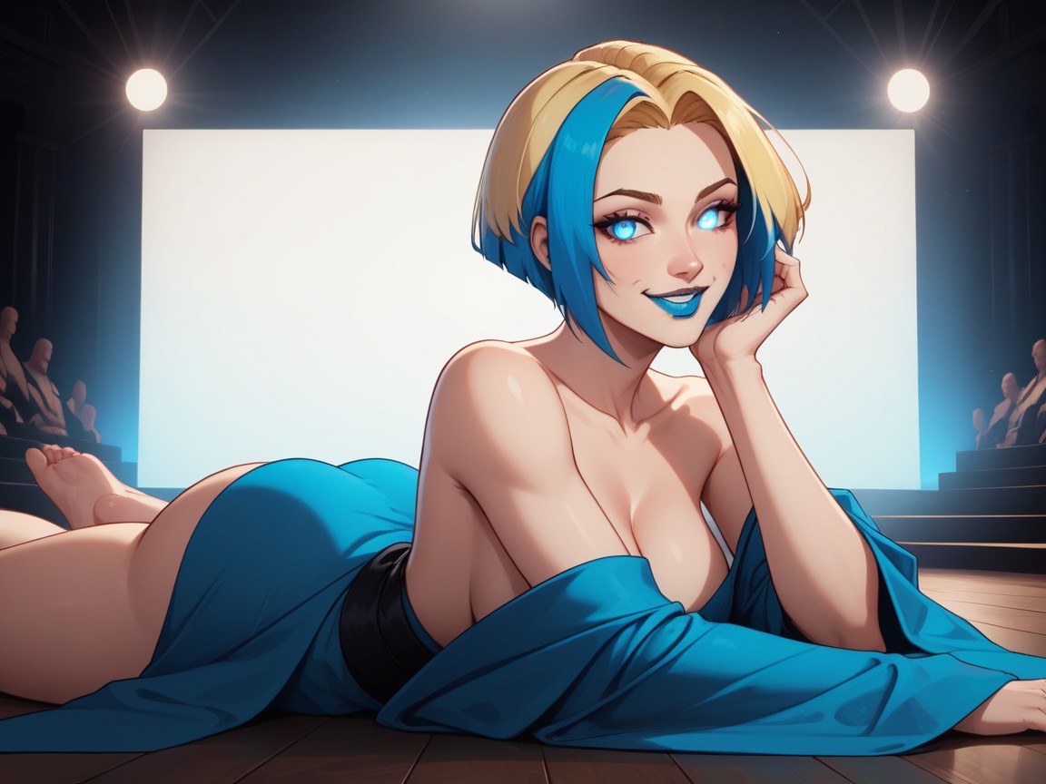 Wearing Blue Bards Clothes, Neon Lighting, Hourglass Body Type AI Porn