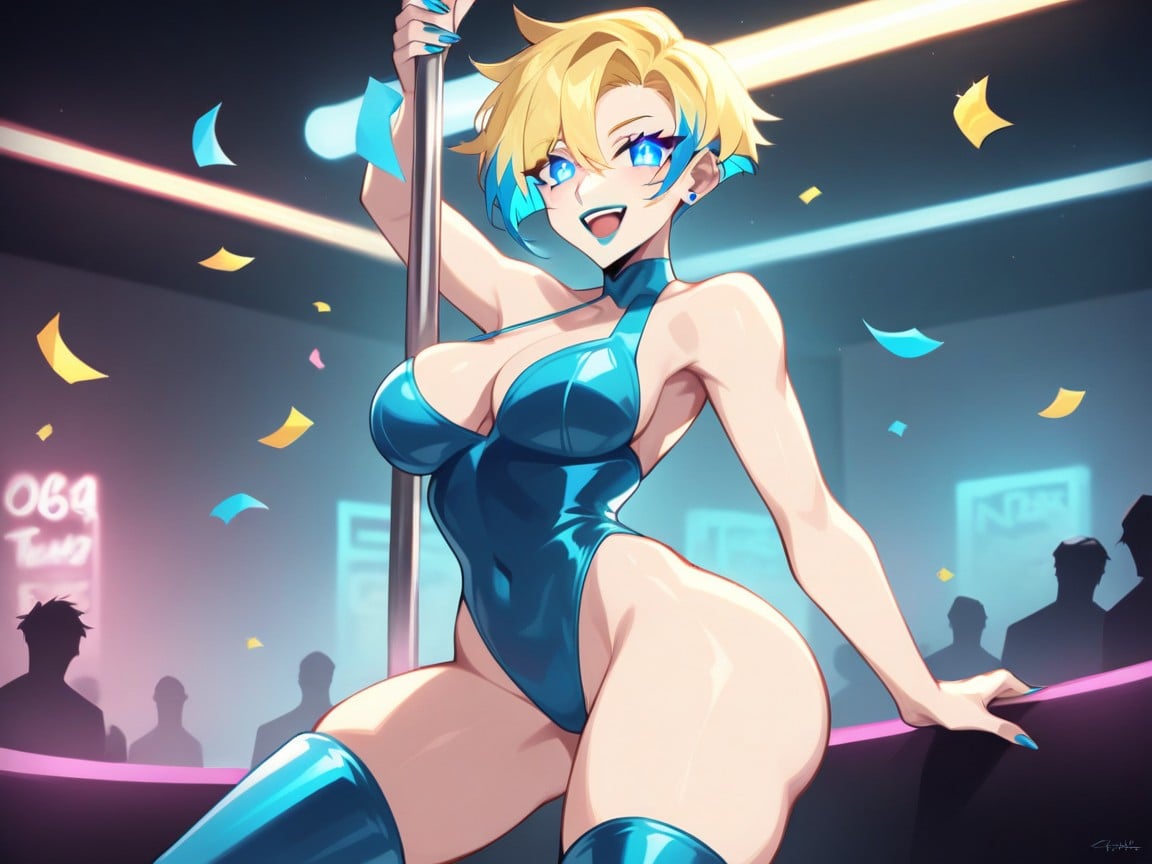 Happy Face, Chest And Hips Proportionate, Blue Hair Highlights Hentai AI Porn