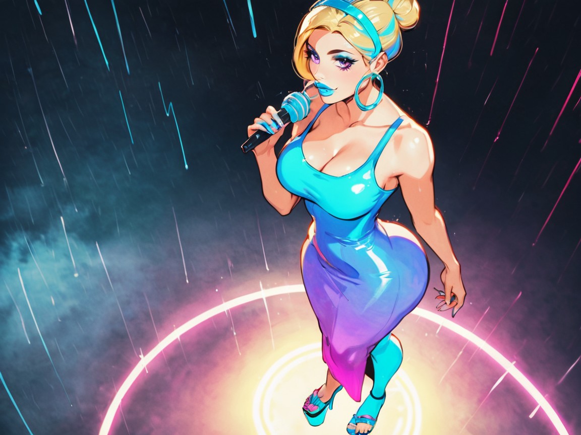 Woman Holding A Microphone, Hourglass Body Type, Blue Strappy Sandals Porno latina IA