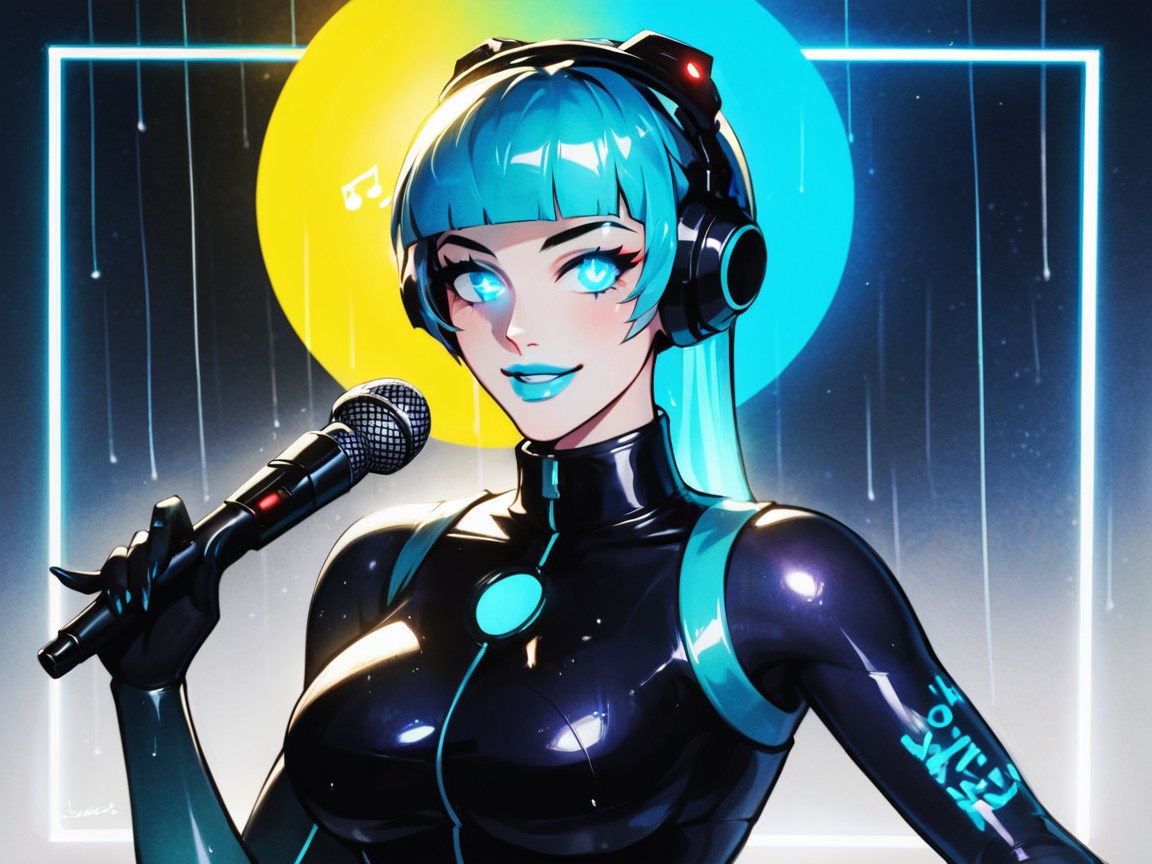 Blue Strappy Sandals, Blue Hair Highlights, Woman Holding A Microphone ラティーナAIエロ