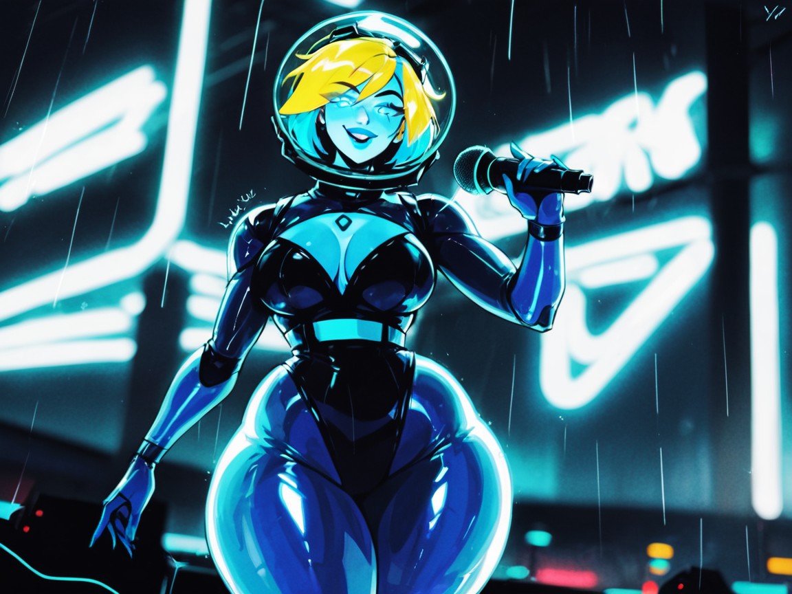 Blue Lipstick, Blonde Pixie Hair, Blue Neon Lights In Background Latina AI Porn
