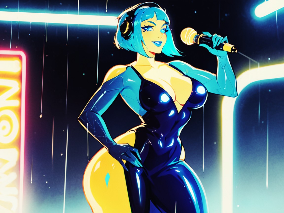 Woman Holding A Microphone, Blue Eyes, Blue Neon Fog In Background Porno latina IA