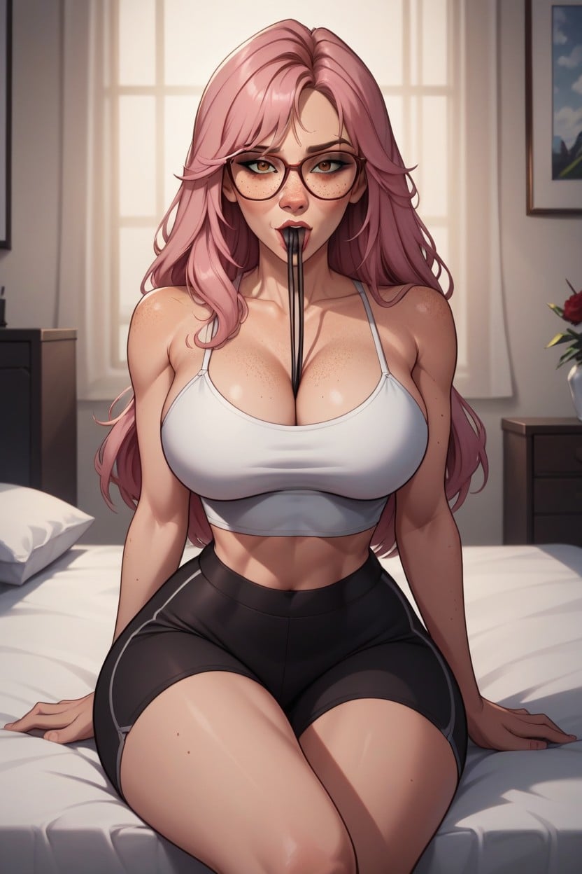 White Cropped Camisole, Large Breast, Kneeling AI Porn