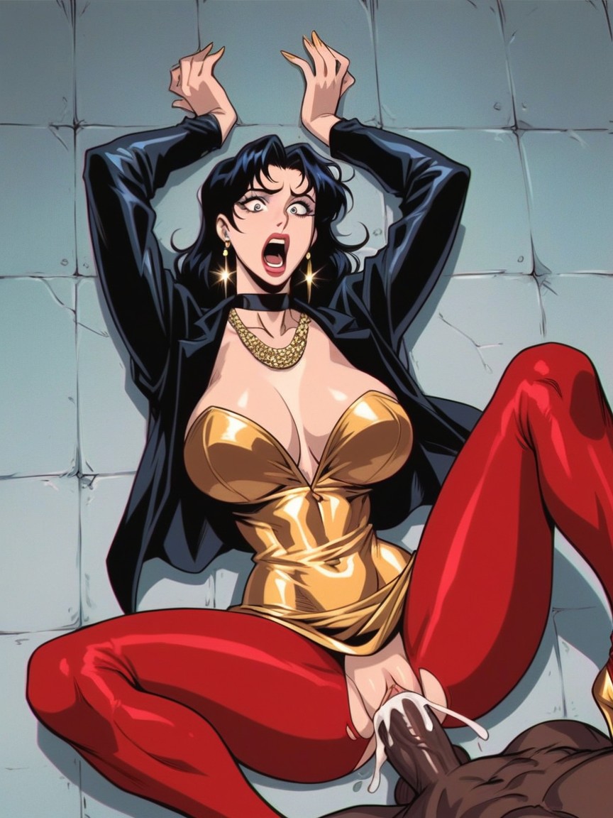 Gigantic, Black Business Suit And Gold Dress, Gold High Heels Hentai AI Porn
