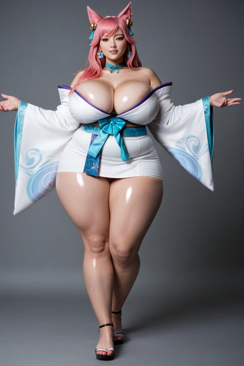 Modeling Pose, Gigantic Saggy Breasts, Ahri Spirit Blossom Lol Pink Hair Travesti IA Pornô