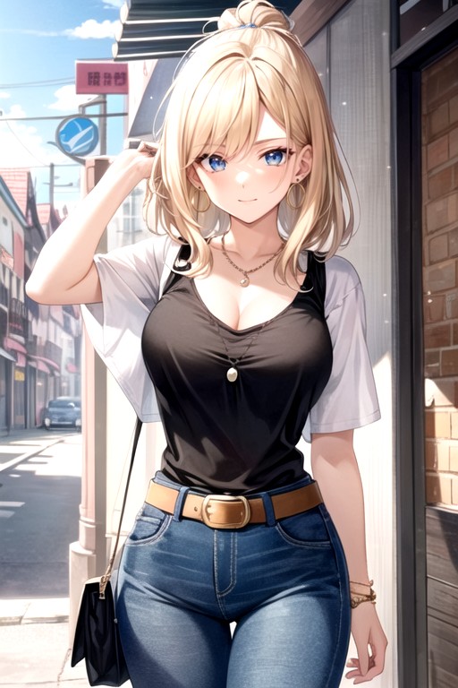 And She Has A Single Gold Hoop Earring In Her Left Ear She Is Also Wearing Blue Denim Jeans With A Brown Belt That Has A Red Buckle On Her Right Hand, Which Has A Golden Triangular Emblem On The Left Side A String Of White Pearls Hangs Around Her Neck, Straight Blonde Hair With A Side Part퍼리 AI 포르노