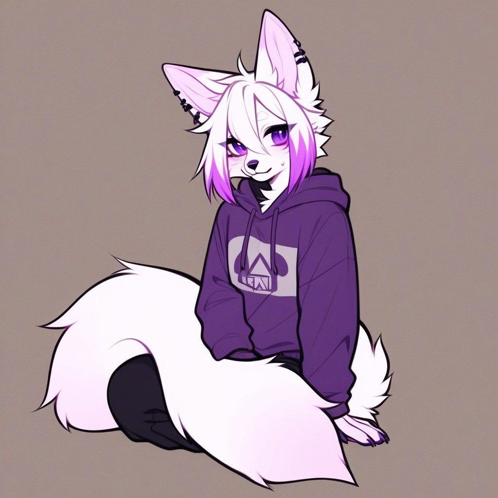 Sitting On Floor, White Fur, Pastel Purple Ear TipsAI獸人黃片