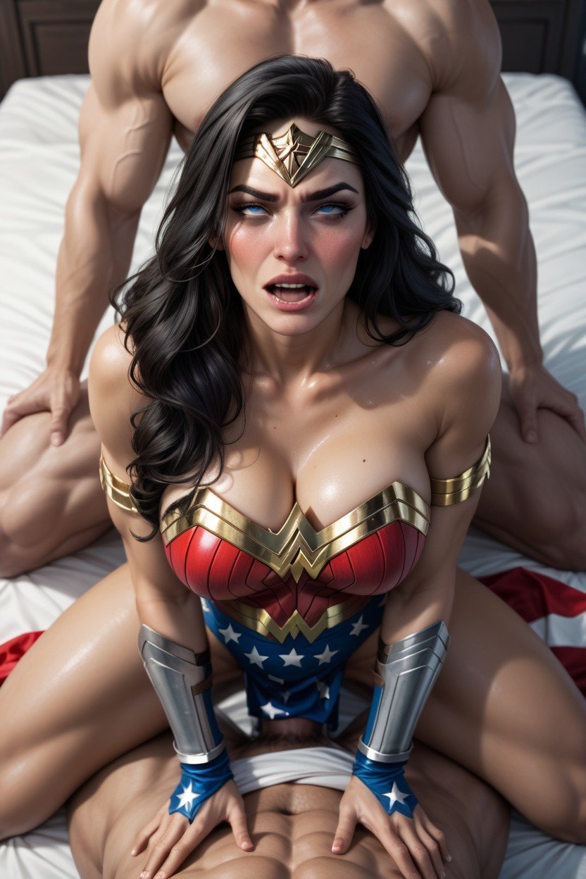 Wonder Woman, On A Bed, Threesome Pornografia peluda com IA