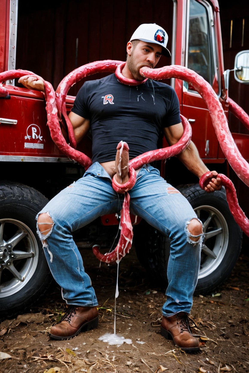 In A Old Truck, Skinny, Huge Tentacle Inside Mouth AI Porn