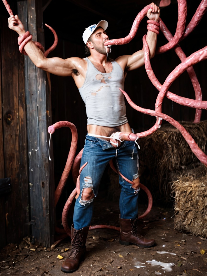 Struggling To Pull Out Tentacle Arm From His Mouth, Jeans, Angry AI Porn