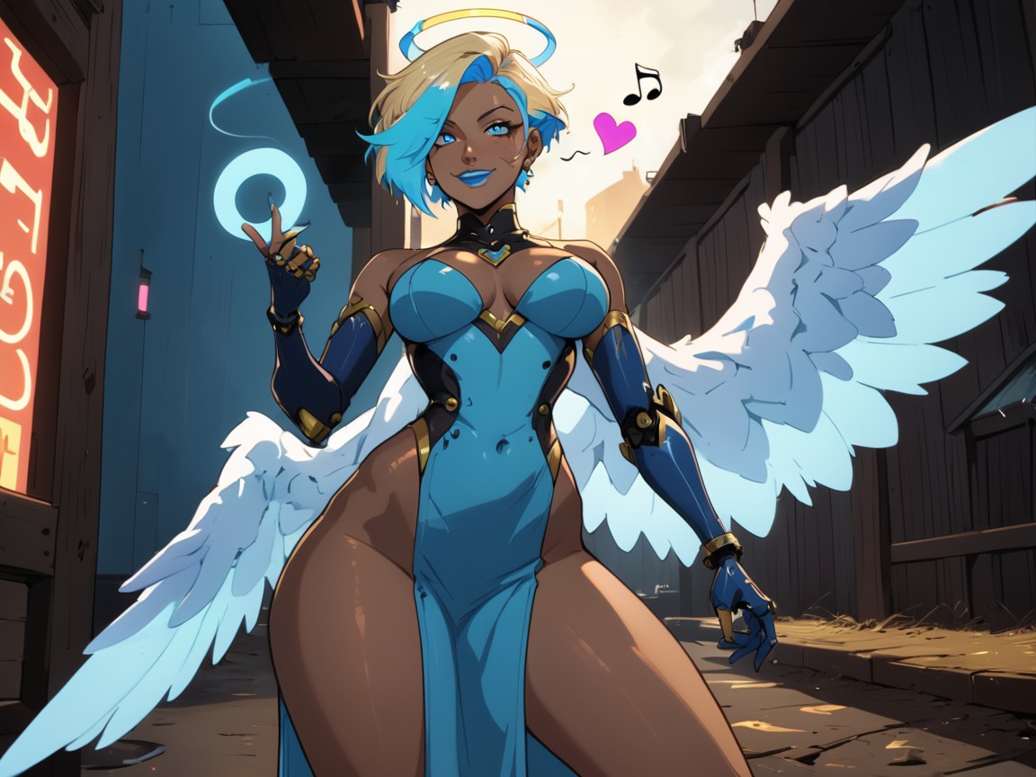 18+, Wearing Blue Metallic Goddess Clothes, Hourglass Body Type Hentai AI Porn