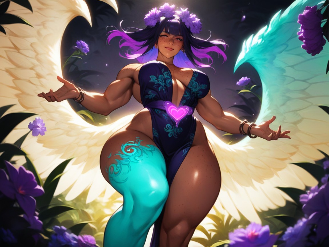 Wearing Purple Floral Print Goddess Clothes, Thick Torso, Freckles On Ass Hentai AI Porn
