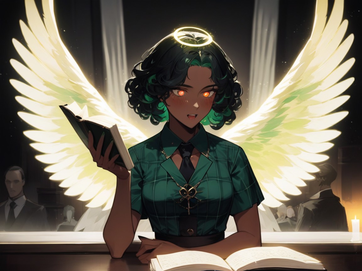 Very Short Hair, Neon Green Angel Wings, Indoors Hentai AI Porn