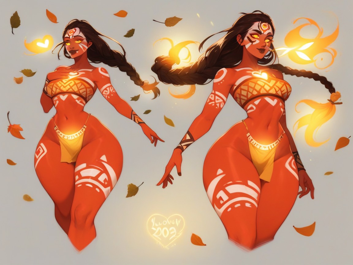 Woman Running With Arms Out, Orange Tribal Body Paint, Vibrant Colors Hentai AI Porn
